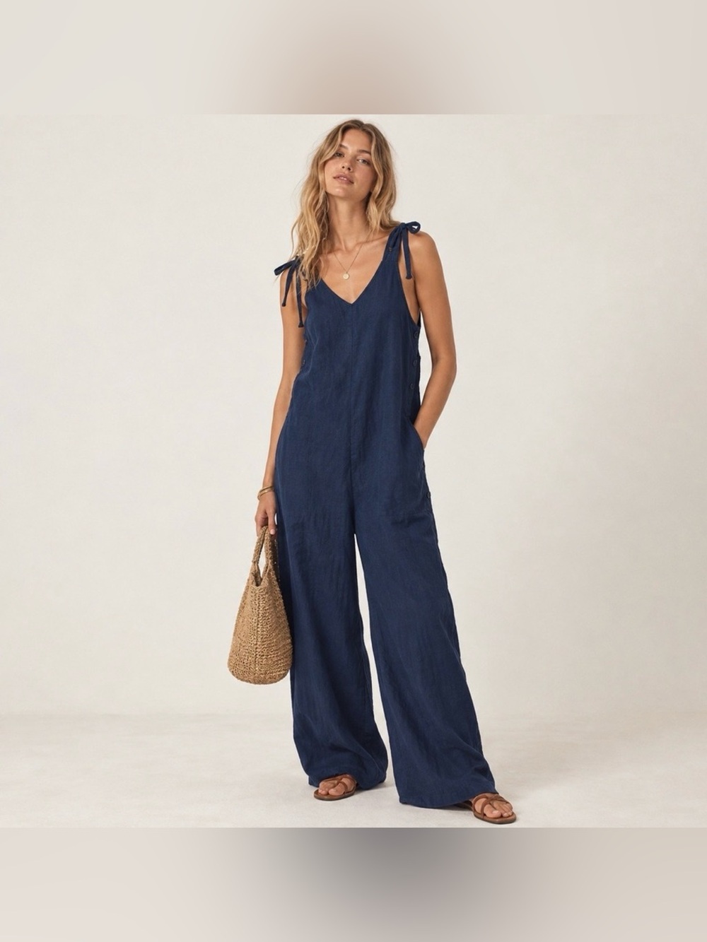 PQ 100% Linen Dark Blue Coastal Wide Leg Swim Cover Jumpsuit size XS/S